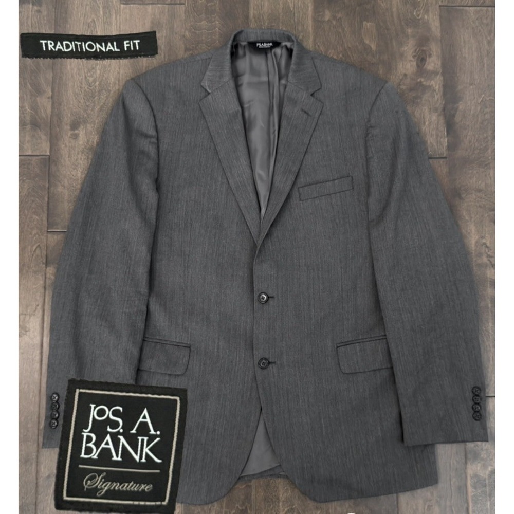 Jos A Bank Mens Size 44L Blazer Sports Coat Grey Herringbone Suit 100% Wool